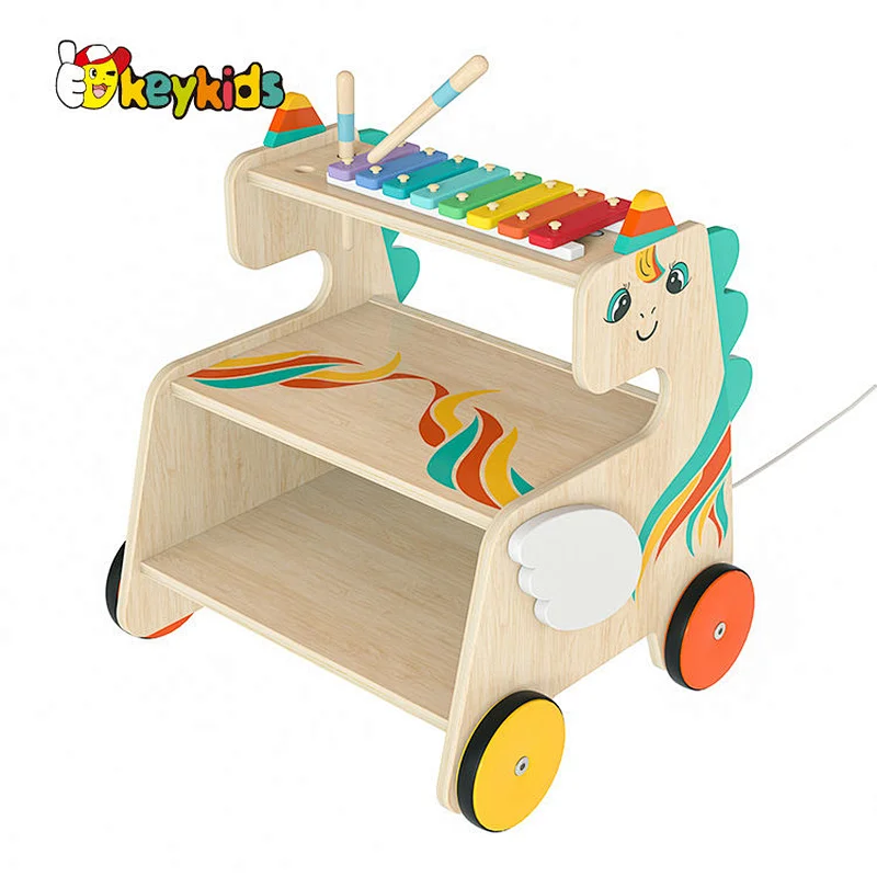 New Design educational toddlers wooden pull along wagon toy with xylophone W12D500