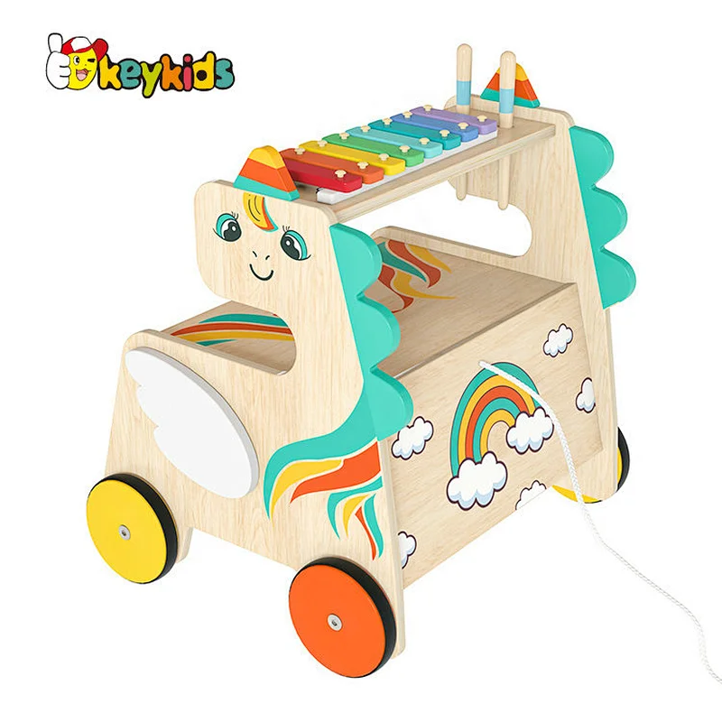 New Design educational toddlers wooden pull along wagon toy with xylophone W12D500