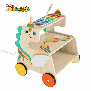 New Design educational toddlers wooden pull along wagon toy with xylophone W12D500