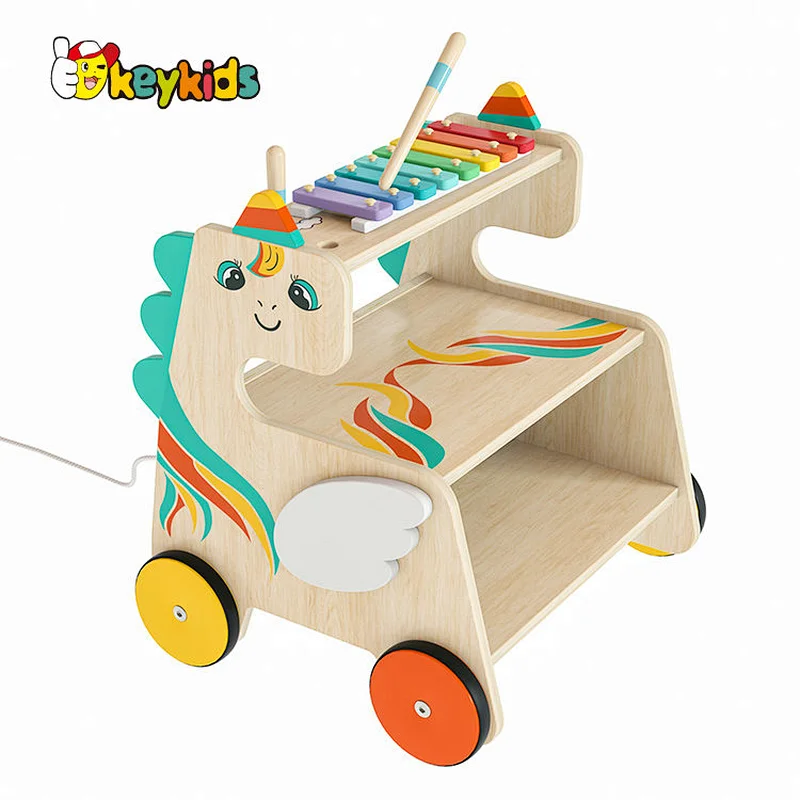 New Design educational toddlers wooden pull along wagon toy with xylophone W12D500